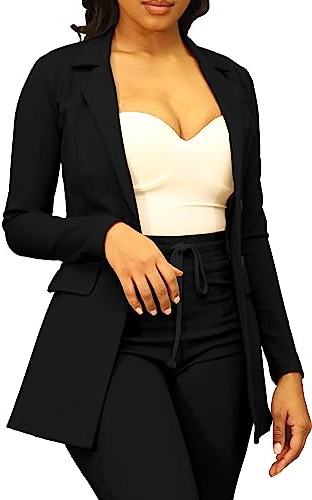 PINSV Women Casual Blazer Open Front Long Sleeve Work Business Suit Jacket Womens Lightweight Lapel Button Blazers Jackets Black L