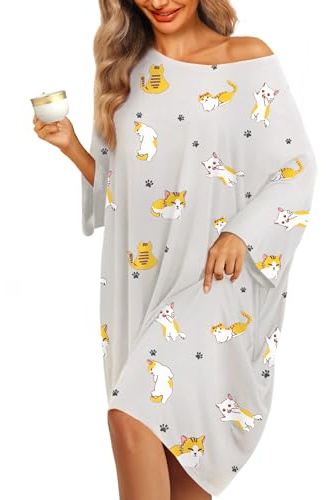 KFUBUO Plus Size Nightgowns for Women Oversized Sleep Tshirts Dress Pjs Lounge Short Sleeves Cat Sleepwear With Pocket Fit S-5XL