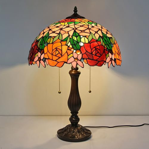 BOTOWI Tiffany Tischlampe Rose Stil Tiffany Lampe 16 Zoll breit rot orange rosa grün Buntglas Schreibtischlampe Dekor für Schlafzimmer Wohnzimmer Arbeitszimmer Arbeitszimmer Home Office