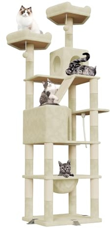 Dogat Kratzbaum groß 208 cm mit 3 Anti-Kipp-Vorrichtung Hoch Katzenbaum XXL Stabil mit 15 Kratzsäulen, 2 Plattformen, 2 Höhlen, 1 Kratzrampe und Hängematte, Katzenkratzbaum für große Katzen (Beige)