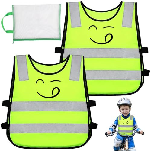 UVVRUR Kinder Warnweste Warnwesten Sicherheitsweste 2Stk Warnwesten Auto Reflektorweste Kinder Neongelb Pannenweste für Sport Laufen Fahrrad Weg zur Schule & Auto (B)
