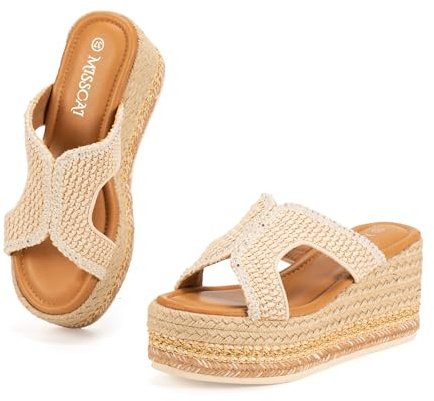 MISSCAI Ciabatte Zeppa Estivi Donna Sandali Eleganti con Tacco Alta Plateau in Stile Espadrillas Pantofole Fascia Chic Aperta Comode WWC250142 Beige 38
