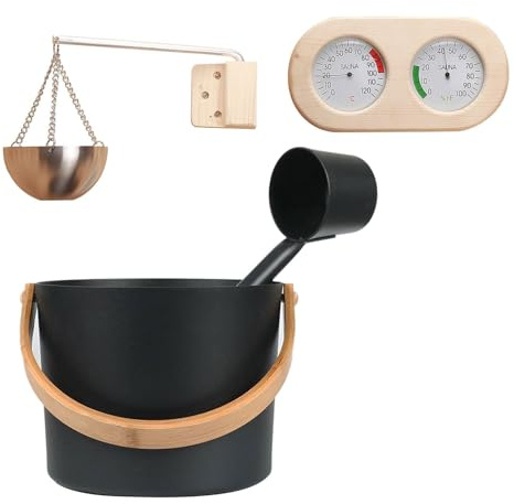 7LSauna Bucket, with Long-Handled Spoon, Thermometer/Hygrometer Kit Sauna Aluminum Bucket Set, for Body Relaxation and Sweating, for Friends and Family