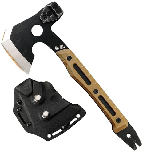 HX OUTDOORS Hacha de Partido Multifuncional, Hacha Táctica de Supervivencia y Campismo de Tanga Completa，Hachas de Mano para Campismo y Bushcraft con Martillo y Sacacorchos (Marrón)