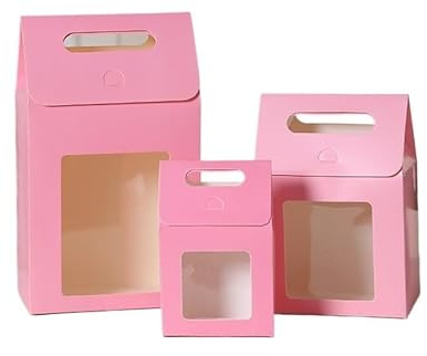 Bolsa de Regalo con Ventana Transparentes Bolsas de regalo con ventana transparente, papel kraft asa, for dulces, galletas y pasteles, 50 o 100 unidades(Pink,27x16x9cm,50pcs)