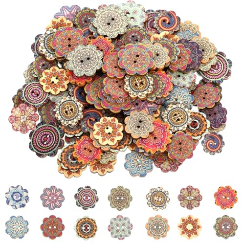 150 PCS Mixed Pattern Vintage Wood Buttons, Vintage Buttons with 2 Holes Natural Flower Shapes Retro Button Mixed Pattern Wooden Button for DIY Sewing Craft Decorative, Flower Shaped