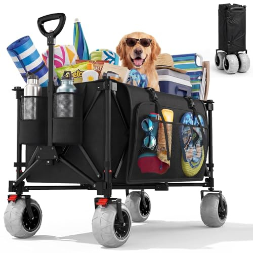 JUMMICO Festival Trolley, 200L Folding All-Terrain Trolley Cart, 150kg | 150kg Heavy Duty Pull Along Wagon with 9‑Inch Large PU Tyres and Pockets for Outdoor Camping, Beach, Garden, Picnic