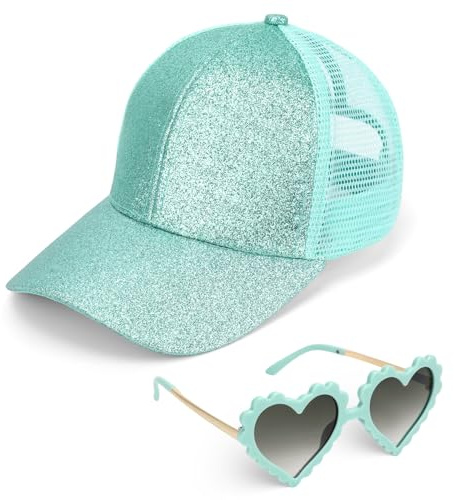Cappellino da Baseball per Bambina, Cappello da Baseball con Coda di Cavallo Glitter e Occhiali da Sole Bambina, Cappelli da Sole a Rete Regolabile Berretto Estivo da Spiaggia con Visiera per Ragazze