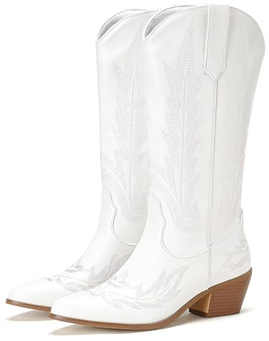 Voviggiw Women Embroidered Cowboy Boots Slip On Mid Calf Western Boots Pointed Toe
