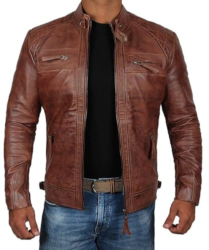 Decrum Motorcycle Outfit for Men - Distressed Leather Jacket Men | [1100085] Diamond 1 Brown, XL