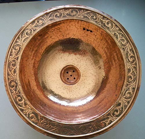 Vasque cuivre rouge ronde Marocaine avec gravure à encastrer évier lave main lavabo salle de bain 38 cm