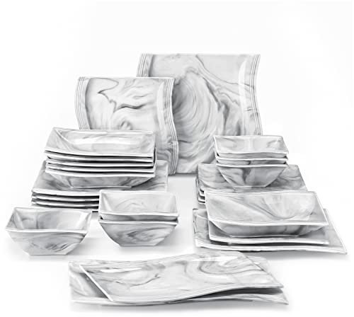 MALACASA Service Vaisselle Pour 6 personnes, 26 Pièces Carré en Porcelaine Gris Effet Marbre, Ensemble de Bols et Assiettes Compatible avec Lave-vaisselle et Micro-ondes - Série FLORA