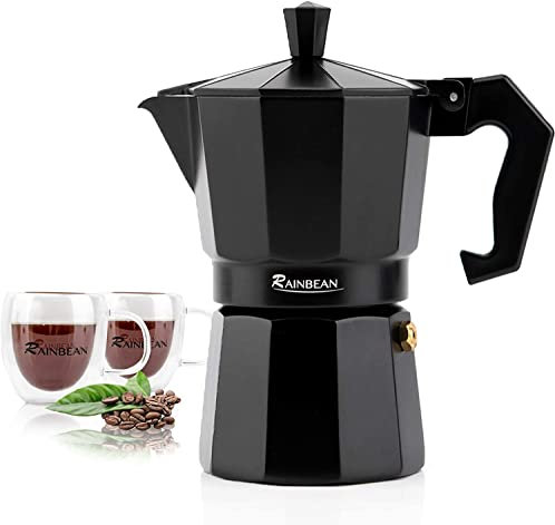RAINBEAN Moka Pot 6 Cups/300ml, Stovetop Espresso Maker, Aluminium Steam Coffee Percolator Brewing Pot - Includes 2 Ceramic Cups - for Coffee Lovers