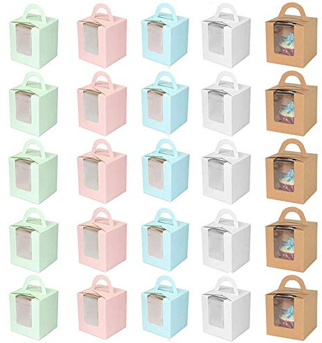Amasawa 25 stycken cupcake lådor, kraft presentlåda, tårtlådor, cupcake förpackningslåda, lämplig för kakor, godis, efterrätter etc (5 färger)