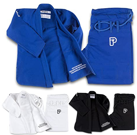 Progress Jiu Jitsu Kids Academy Gi | BJJ Gi for Kids with Free White Belt | Lightweight Kids Kimono | Tear-Resistant Kids BJJ Gi | Youth Jiu Jitsu Gi for Training & Competition | Blue - M1