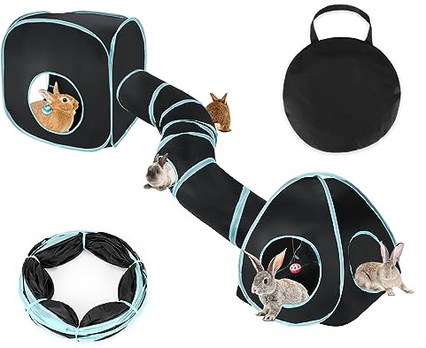 BWOGUE Bunny Tunnels & Tubes Collapsible Rabbit Hideout Tube and Foldable Cubes Playground Small Animal Activity Hideaway for Dwarf Rabbits Bunny Guinea Pigs Kitty (Blue Black)