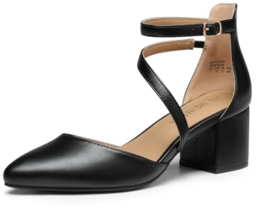 DREAM PAIRS Damen-Pumps mit geschlossenem, spitzem Zehenbereich und niedrigem Blockabsatz, Knöchelriemen, Hochzeitsschuhe, Elegante Schuhe,Size 39,Schwarz-Pu,SDPU2354W