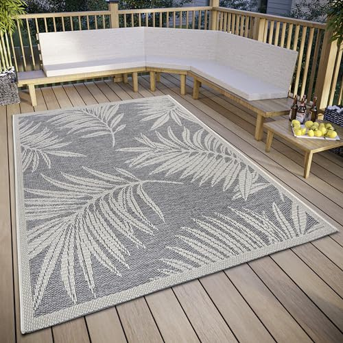 Hanse Home Paru Tapis d'extérieur résistant aux intempéries - Motif Palmiers Moderne - Design Floral - Imperméable et Robuste - Tissage Plat - pour Jardin, Balcon, terrasse, Salon - Gris crème - 63 x
