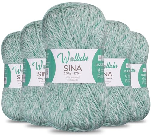 Wollidu Sina Wolle zum Stricken und Häkeln 500g Premium Strickwolle/Häkelwolle Set OEKO-TEX zertifiziert 5 x 100g/170m 80% Polyacryl 20% Schafwolle mulesing-frei - Minz Grün Melange
