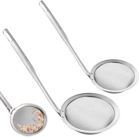 Generic 2 Pezzi Schiumarola in Acciaio Inox 34,5/29 cm Colino Maglia Fine, Scolapasta con Manico Lungo, Schiumarola Cucina per Filtrare Grasso Galleggiante, Residui Olio