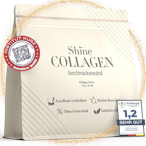 Shine Collagen Pulver 500g - 100% Collagen Peptide, Premium Hydrolysat Typ 1, 2 und 3, Halal, Perfekte Löslichkeit, Geschmacksneutral
