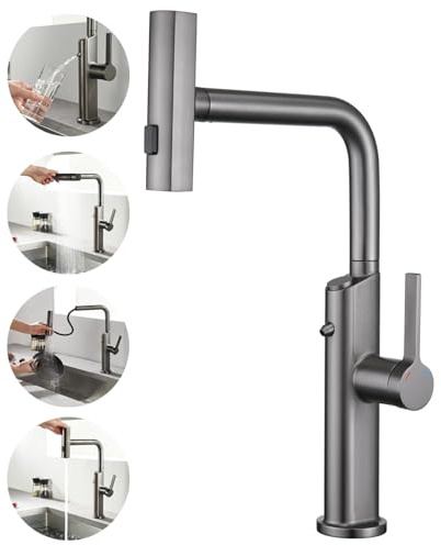 Grifo de Cocina 3 Vías con Ducha Extraíble, Grifo de Agua Potable para Sistemas di Ósmosis o Filtro de Agua, Monomando 4 Modos Grifo de Fregadero de Cocina con Dos Salidas (Gris)