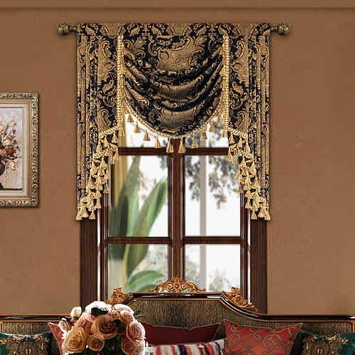 TOPLUXE Cantonnière pour fenêtres, motif cascade damassée avec pompons, rideau court pour chambre à coucher, salon, cuisine, traitement de fenêtre avec passe-tringle (largeur 100 cm, noir)