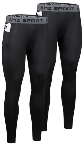 AMZSPORT Confezione da 2 Pantaloni a Compressione Uomo, Lunghi e Traspiranti, Leggings Sportivi per Corsa, Allenamento, Fitness, Ciclismo, Basket e Palestra Nero con Tasche L