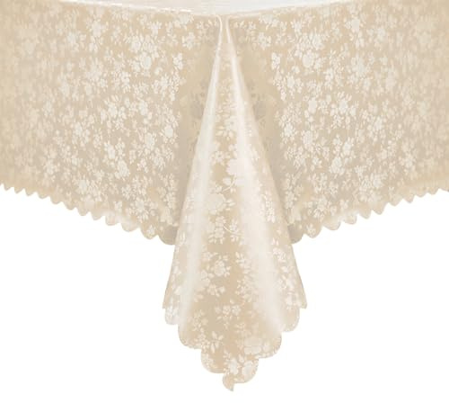 Romanstile - Mantel de hule fácil de lavar, 140x180 cm, color beige, rectangular, 350GSM, con flores, de plástico, impermeable, resistente al clima, resistente para fiestas, al aire libre, Navidad