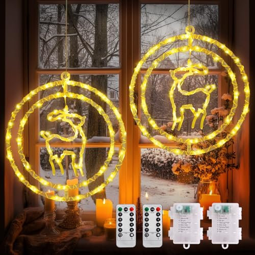 Luces y Navidad: Ventana, 2 Piezas 80 LED con Pilas, 8 Modos, Reno Cortina de Luces para Interior y Exterior, Decoración de Navidad, Balcón, Árbol, Fiesta, Jardín