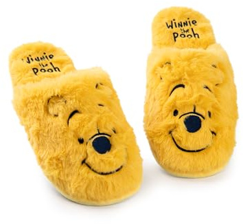 Winnie the Pooh Womens Slippers | Ladies Teddy Bear Indoor Fur Mules in Yellow | Embroidered Character Face Slip On House Shoes for Adults and Teens | Childrens Story Book Animation Merchandise Gift