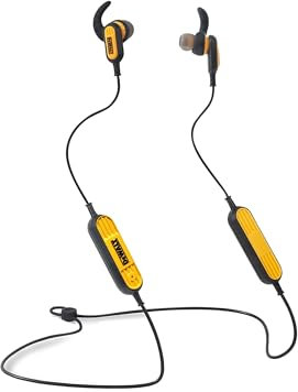 DEWALT Jobsite Wireless Earphones are durable and water-resistant built-in volume, playback controls and Bluetooth®(Extra ear cushions and shirt clip included)