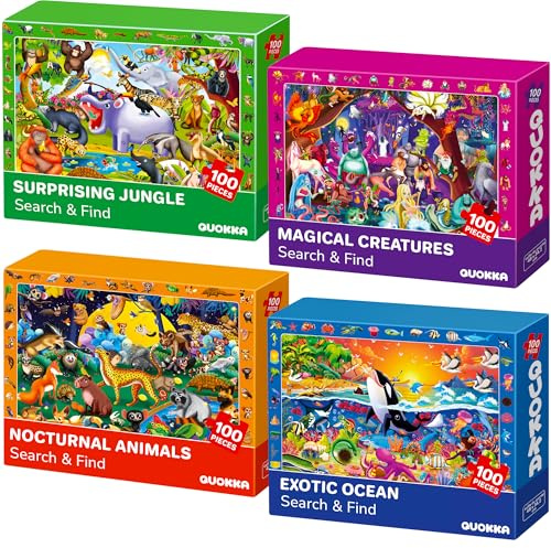 QUOKKA Kids Puzzles For 3 4 Year Olds - 4x100 Piece Jigsaw Puzzles For Children Age 5-8 - Jigsaw Toys for Learning Nocturnal Life Animals - Educational Girls & Boys Game Age 6 7