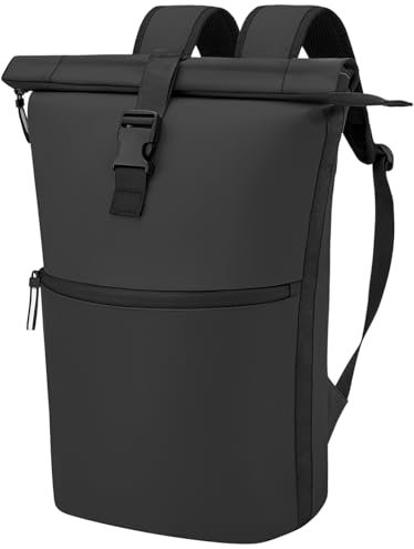 WELDUN Roll Top Backpack, 18L-27L Waterproof Travel Bag, Fits 17.3 Laptop Backpack PU Leather Rucksack for Men and Women, Comfortable Straps Suitable for Travel, School, and Business (Black)