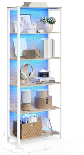 VASAGLE Bücherregal mit 6 Ebenen, Standregal mit Einstellbarer LED-Beleuchtung, Regal mit Stahlrahmen, 30,3 x 60 x 178,6 cm, für Wohnzimmer, Schlafzimmer, Arbeitszimmer, naturbeige LLS120LL01