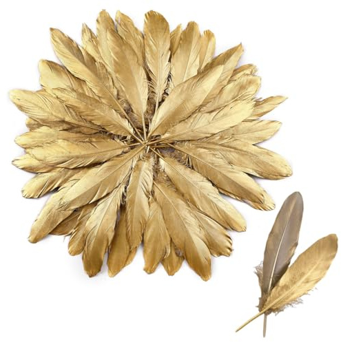Morices 50 Pcs Gold Feathers for Crafting, 15-20cm Natural Craft Feathers Handmade Decorative Goose Feather for DIY Projects Dream Catcher Carnival Wedding Angel Wings Clothing Decoration