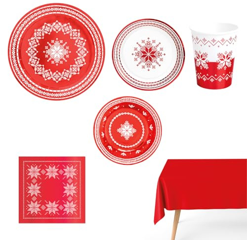 OH YEAH - Kit Vajilla Navidad 12 Personas Jacquard Rojo - 84 Piezas - Platos, Vasos, y Servilletas Desechables - Temática Navideña - Cenas Navideñas, Reuniones Familiares y Fiestas de Fin de Año