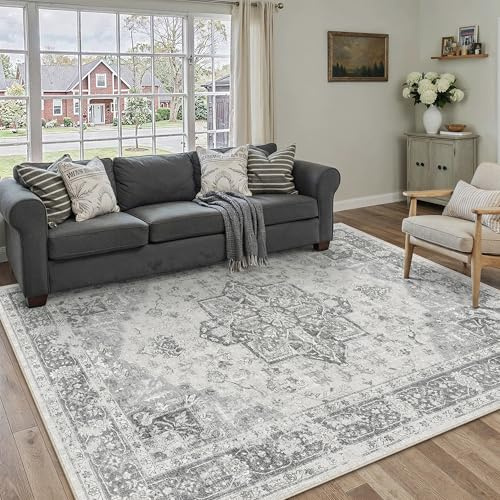 PureCozy Grau Vintage Teppich Wohnzimmer 160x230cm Waschbar