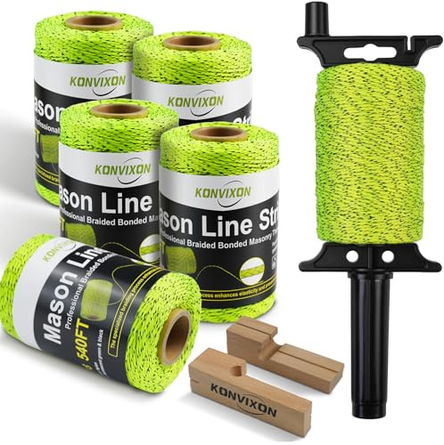 Konvixon Mason String Line, 6 Rolls 540FT #18 Braided Mason Line with Reel,1.6mm Fluorescent Yellow Dual-Color High Visibility,Nylon String Line with 2 Beech Wood Line Blocks for Masonry Gardening DIY