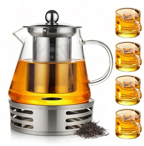 Teiera in Vetro Borosilicato, Teiera in Vetro 1300ml con Infusore e Base Portacandela Servizio da Tè con 4 Bicchieri Riscalda teiera Set Completo Fiori di Tè per Foglie di Tè Sfuso Tisane