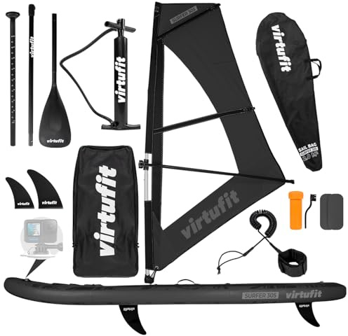 VirtuFit SUP Board Surfer 305, tavola gonfiabile con vela per windsurf, stand up paddle, nero, con accessori, pagaia, pompa, borsa per il trasporto, supporto per GoPro, per principianti ed esperti