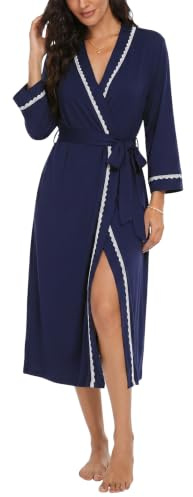 Ocextami Dressing Gowns for Women UK Lightweight Lace Trim Long Kimono Robe 3/4 Sleeve Bathrobe with Pockets Loungewear and Sleepwear for Spa Hotel All Seasons S-XXL