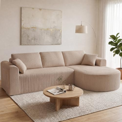 COMHOMA Hörnsoffa med sovfunktion, 243 cm, corduroy, modulär boneless soffa med schäslong, L-formad bäddsoffa, sektionssofa med kudde och sidofickor, soffa för vardagsrum, ingen montering, beige