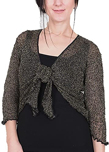 Mimosa Boléro au crochet pour femme à paillettes ou uni en dentelle super extensible avec filet de poisson à nouer à la taille Boléro Cardigan ouvert pour UK 6-28 Noir Or