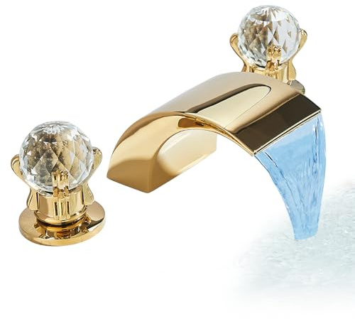 NeierThodore LED Widespread Bathroom Faucet Waterfall Gold Polished Lavatory Faucets Basin Mixer Tap 2 Crystal Knobs 3 Holes