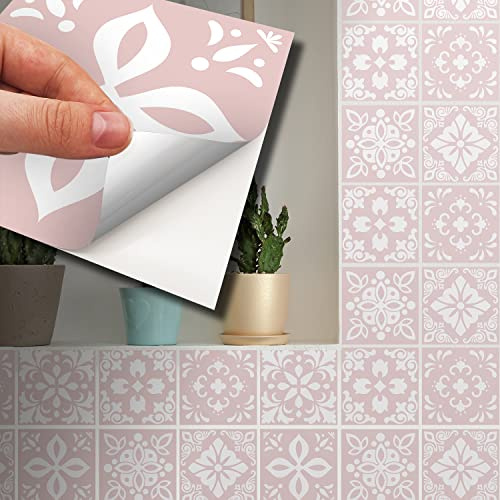 WALPLUS 15cm 48pcs Sevilla Light Pink Peel and Stick Wall Tile Stickers – Self-Adhesive Vinyl Decals for Kitchen & Bathroom Backsplash, Living Room DIY Home Decor, Waterproof Splashbacks