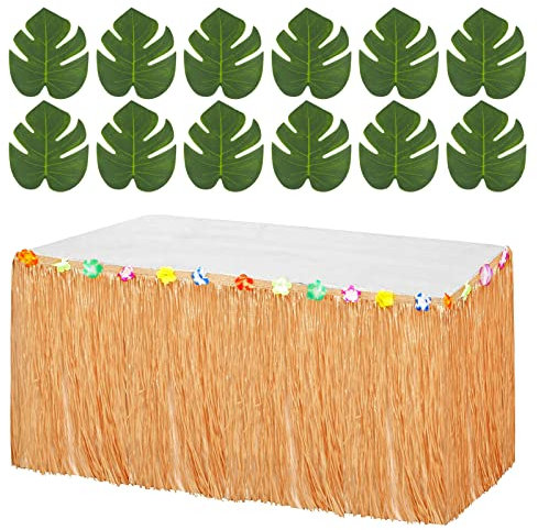 Hawaii Party Tischröcke 276x75cm Gras Tischrock und 12 Pcs Künstliche Palmenblätter Tisch Ornamente Hawaii Tischdekoration für Strandparty Tropische Sommer Party Luao Party Poolparty Aloha Party usw.