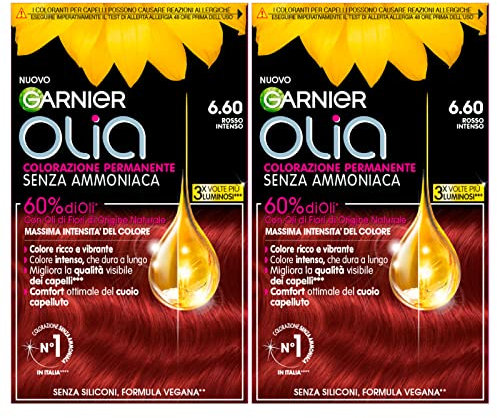 Garnier Olia Permanent Hair Dye Without Ammonia Colouring with Flower Oils of Natural Origin with Brightening and Nourishing Action, Colour 6.60 Intense Red – 2 Packs