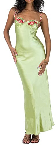 Women Spaghetti Strap Long Dress Flower Sleeveless Backless Party Club Skinny Satin Cocktail Cami Dress (A-Green, S)