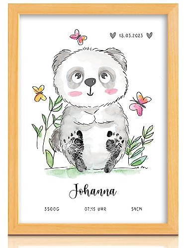Milaboo® personalisiertes Tierbild DIN A4 mit Baby-Fußabdruck Panda | Geburtsposter für das Kinderzimmer I besonderes Geschenk zur Geburt (Farbe nicht enthalten)